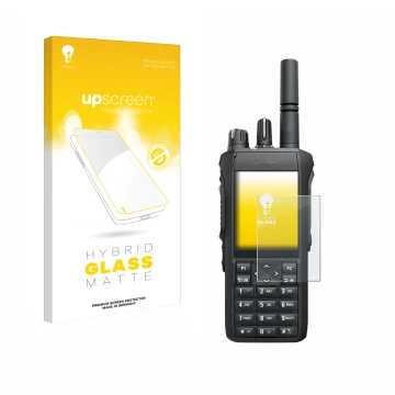 Parte frontale di una confezione del prodotto con il logo del marchio upscreen. Accanto è raffigurato il dispositivo Motorola 