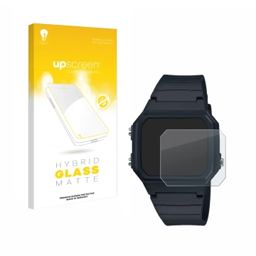 Parte frontale di una confezione del prodotto con il logo del marchio upscreen. Accanto è raffigurato il dispositivo Casio W-2