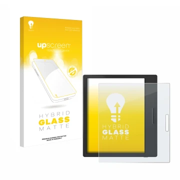 Parte frontale di una confezione del prodotto con il logo del marchio upscreen. Accanto è raffigurato il dispositivo Boox Page