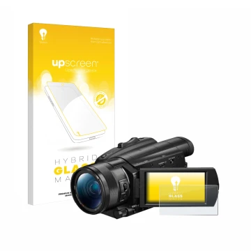 Parte frontale di una confezione del prodotto con il logo del marchio upscreen. Accanto è raffigurato il dispositivo Sony FDR-