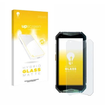 Parte frontale di una confezione del prodotto con il logo del marchio upscreen. Accanto è raffigurato il dispositivo Ulefone A