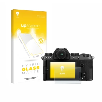 Parte frontale di una confezione del prodotto con il logo del marchio upscreen. Accanto è raffigurato il dispositivo Fujifilm 