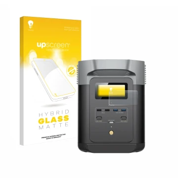 Parte frontale di una confezione del prodotto con il logo del marchio upscreen. Accanto è raffigurato il dispositivo EcoFlow D