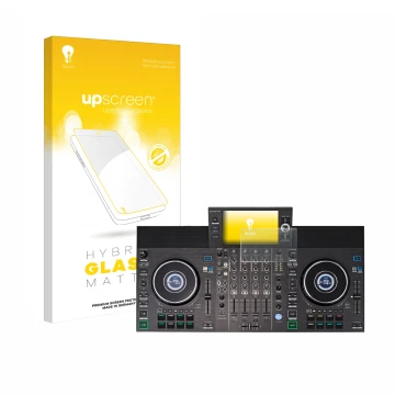 Parte frontale di una confezione del prodotto con il logo del marchio upscreen. Accanto è raffigurato il dispositivo Denon DJ 