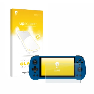 Parte frontale di una confezione del prodotto con il logo del marchio upscreen. Accanto è raffigurato il dispositivo Powkiddy 