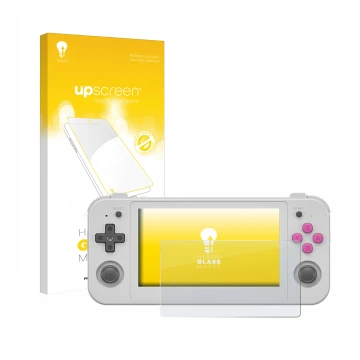 Parte frontale di una confezione del prodotto con il logo del marchio upscreen. Accanto è raffigurato il dispositivo Anbernic 