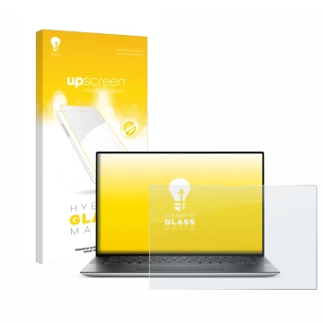 Parte frontale di una confezione del prodotto con il logo del marchio upscreen. Accanto è raffigurato il dispositivo Dell XPS 