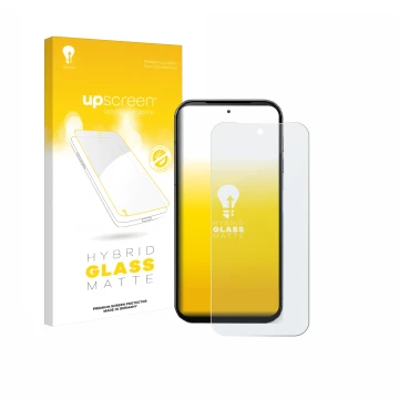 Parte frontale di una confezione del prodotto con il logo del marchio upscreen. Accanto è raffigurato il dispositivo Fairphone