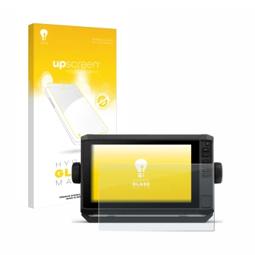 Parte frontale di una confezione del prodotto con il logo del marchio upscreen. Accanto è raffigurato il dispositivo Garmin EC