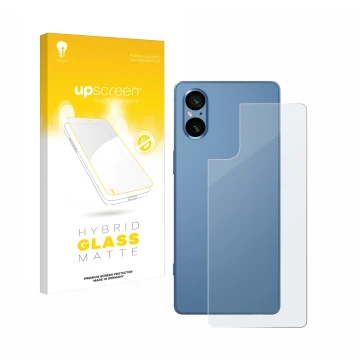 Parte frontale di una confezione del prodotto con il logo del marchio upscreen. Accanto è raffigurato il dispositivo Sony Xper