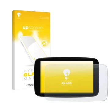 Parte frontale di una confezione del prodotto con il logo del marchio upscreen. Accanto è raffigurato il dispositivo TomTom GO