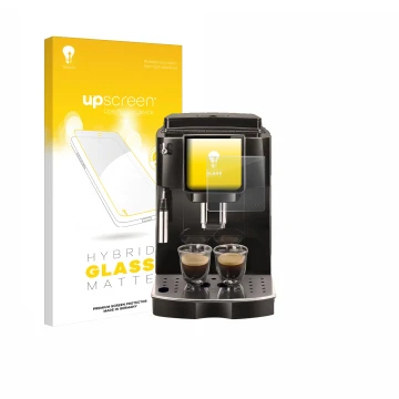 Parte frontale di una confezione del prodotto con il logo del marchio upscreen. Accanto è raffigurato il dispositivo DeLonghi 