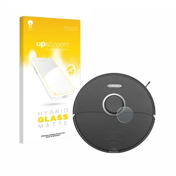 Parte frontale di una confezione del prodotto con il logo del marchio upscreen. Accanto è raffigurato il dispositivo Roborock 