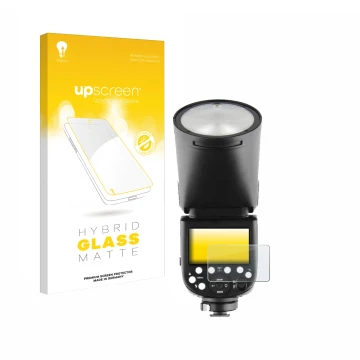 Parte frontale di una confezione del prodotto con il logo del marchio upscreen. Accanto è raffigurato il dispositivo Godox V1 