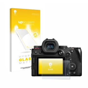 Parte frontale di una confezione del prodotto con il logo del marchio upscreen. Accanto è raffigurato il dispositivo Panasonic