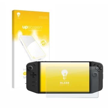 Parte frontale di una confezione del prodotto con il logo del marchio upscreen. Accanto è raffigurato il dispositivo Lenovo Le