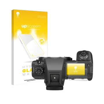 Parte frontale di una confezione del prodotto con il logo del marchio upscreen. Accanto è raffigurato il dispositivo Fujifilm 