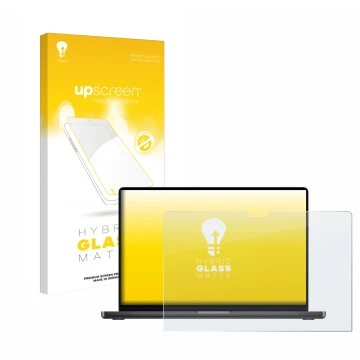 Parte frontale di una confezione del prodotto con il logo del marchio upscreen. Accanto è raffigurato il dispositivo Apple Mac