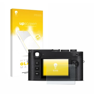 Parte frontale di una confezione del prodotto con il logo del marchio upscreen. Accanto è raffigurato il dispositivo Leica M11