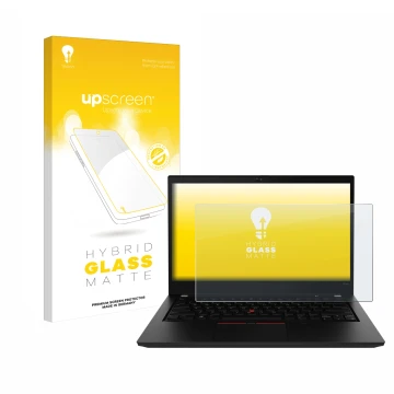 Parte frontale di una confezione del prodotto con il logo del marchio upscreen. Accanto è raffigurato il dispositivo Lenovo Th