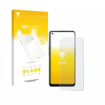 Parte frontale di una confezione del prodotto con il logo del marchio upscreen. Accanto è raffigurato il dispositivo Oppo Reno
