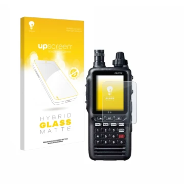 Parte frontale di una confezione del prodotto con il logo del marchio upscreen. Accanto è raffigurato il dispositivo Yaesu FTA