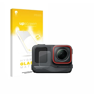 Parte frontale di una confezione del prodotto con il logo del marchio upscreen. Accanto è raffigurato il dispositivo Insta360 