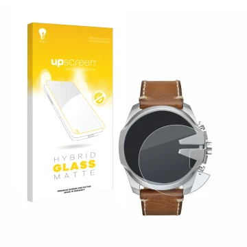 Parte frontale di una confezione del prodotto con il logo del marchio upscreen. Accanto è raffigurato il dispositivo Diesel Me