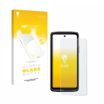 Parte frontale di una confezione del prodotto con il logo del marchio upscreen. Accanto è raffigurato il dispositivo Crosscall