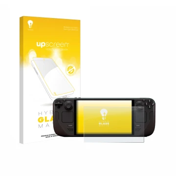 Parte frontale di una confezione del prodotto con il logo del marchio upscreen. Accanto è raffigurato il dispositivo Valve Ste