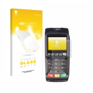 Parte frontale di una confezione del prodotto con il logo del marchio upscreen. Accanto è raffigurato il dispositivo ingenico 