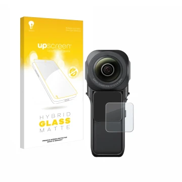 Parte frontale di una confezione del prodotto con il logo del marchio upscreen. Accanto è raffigurato il dispositivo Insta360 
