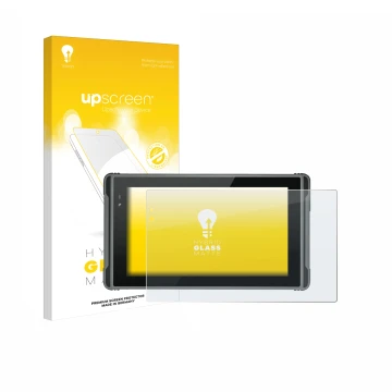 Parte frontale di una confezione del prodotto con il logo del marchio upscreen. Accanto è raffigurato il dispositivo Hugerock 