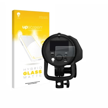 Parte frontale di una confezione del prodotto con il logo del marchio upscreen. Accanto è raffigurato il dispositivo Profoto B