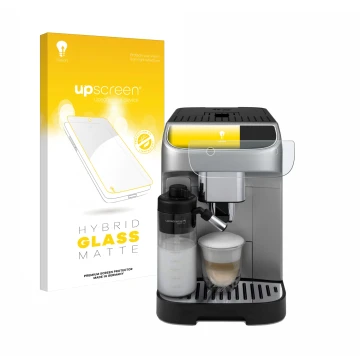 Parte frontale di una confezione del prodotto con il logo del marchio upscreen. Accanto è raffigurato il dispositivo DeLonghi 