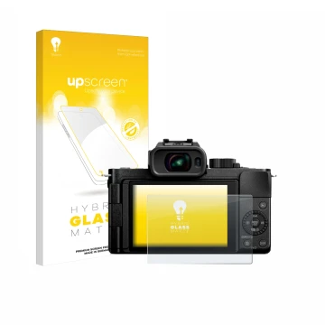 Parte frontale di una confezione del prodotto con il logo del marchio upscreen. Accanto è raffigurato il dispositivo Panasonic