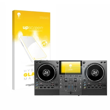 Parte frontale di una confezione del prodotto con il logo del marchio upscreen. Accanto è raffigurato il dispositivo Numark Mi