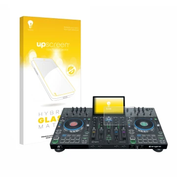 Parte frontale di una confezione del prodotto con il logo del marchio upscreen. Accanto è raffigurato il dispositivo Denon DJ 