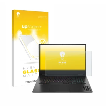 Parte frontale di una confezione del prodotto con il logo del marchio upscreen. Accanto è raffigurato il dispositivo HP Omen 1