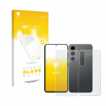 Parte frontale di una confezione del prodotto con il logo del marchio upscreen. Accanto è raffigurato il dispositivo Samsung G