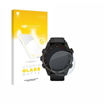 Parte frontale di una confezione del prodotto con il logo del marchio upscreen. Accanto è raffigurato il dispositivo Garmin De
