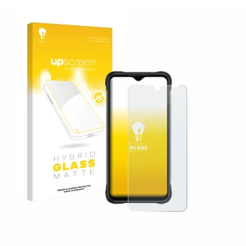 Parte frontale di una confezione del prodotto con il logo del marchio upscreen. Accanto è raffigurato il dispositivo Umidigi B