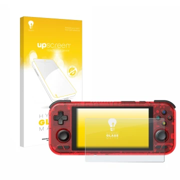 Parte frontale di una confezione del prodotto con il logo del marchio upscreen. Accanto è raffigurato il dispositivo Retroid P