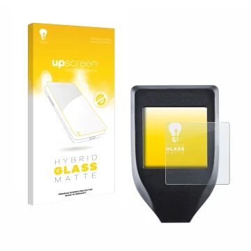Parte frontale di una confezione del prodotto con il logo del marchio upscreen. Accanto è raffigurato il dispositivo Trezor Mo