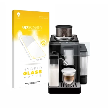 Parte frontale di una confezione del prodotto con il logo del marchio upscreen. Accanto è raffigurato il dispositivo DeLonghi 