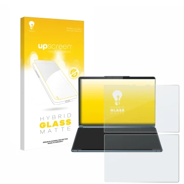 Parte frontale di una confezione del prodotto con il logo del marchio upscreen. Accanto è raffigurato il dispositivo Lenovo Yo