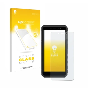 Parte frontale di una confezione del prodotto con il logo del marchio upscreen. Accanto è raffigurato il dispositivo Ulefone P