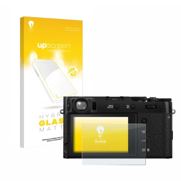 Parte frontale di una confezione del prodotto con il logo del marchio upscreen. Accanto è raffigurato il dispositivo Fujifilm 