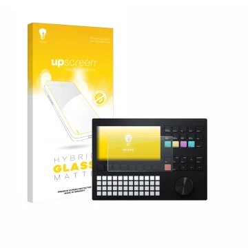 Parte frontale di una confezione del prodotto con il logo del marchio upscreen. Accanto è raffigurato il dispositivo Polyend T