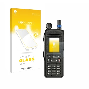 Parte frontale di una confezione del prodotto con il logo del marchio upscreen. Accanto è raffigurato il dispositivo Motorola 